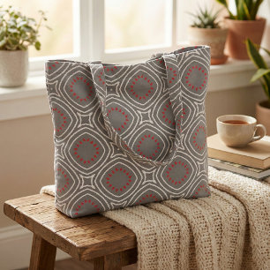 Grey White Red Ethnic Boho Chic Geometric Pattern Fabric