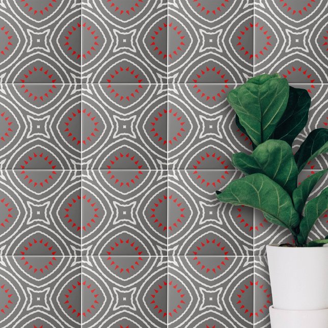 Grey White Red Ethnic Boho Chic Geometric Pattern Tile (Creator Uploaded)