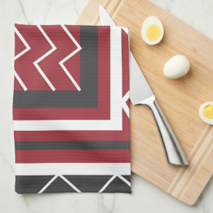 Grey White Red Square Chevron Stripe Pattern Kitchen Towel