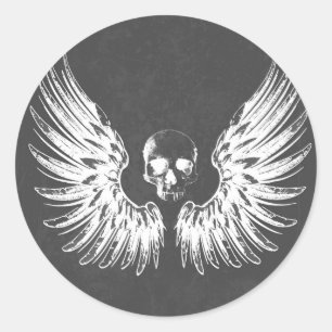 Grey & White Rock Angel Wings Skull Classic Round Sticker