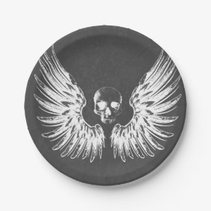 Grey & White Rock Angel Wings Skull Paper Plate