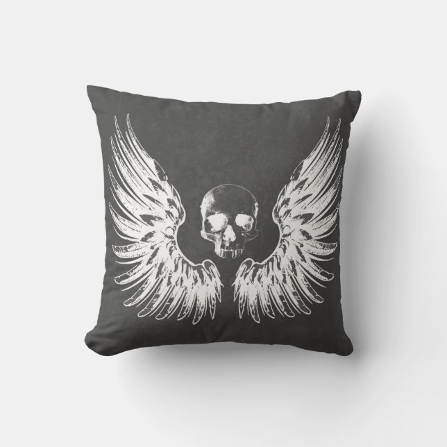 Grey & White Rock Angel Wings Skull Throw Pillow (Front)