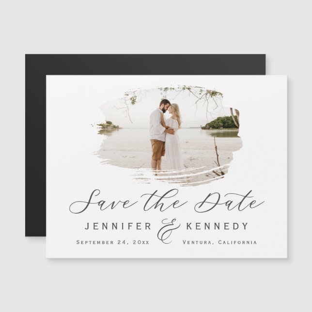 Grey & White Romantic Brushed Photo Save The Date Magnetic Invitation (Front/Back)