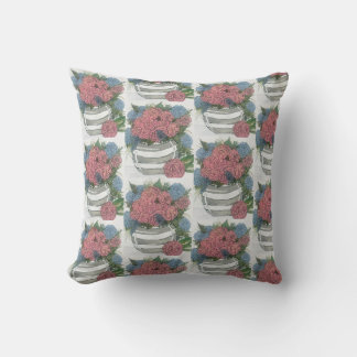 Grey & White Round Vase of Hydrangeas and Peonies Throw Pillow