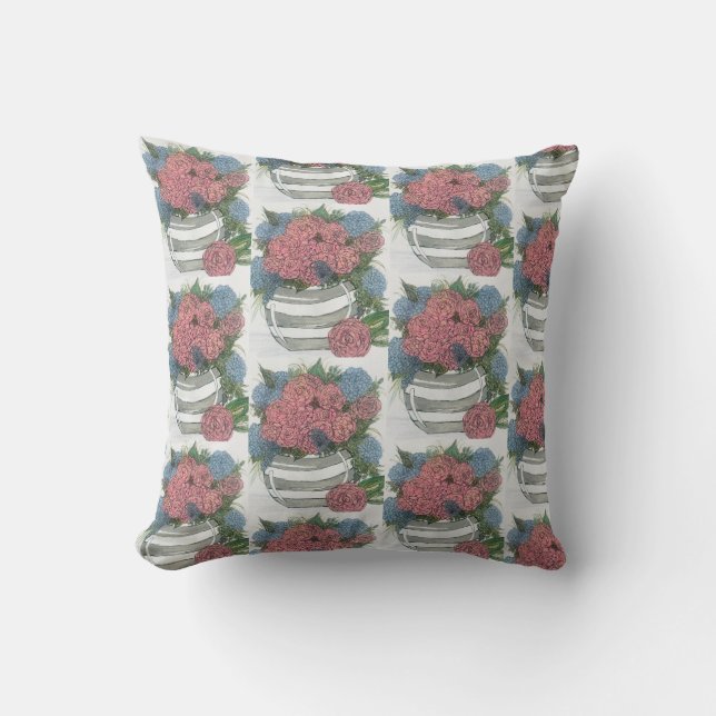 Grey & White Round Vase of Hydrangeas and Peonies Throw Pillow (Front)