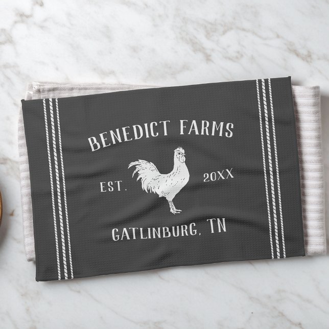 Grey & White Rustic Chicken Personalized Farm Name Kitchen Towel (Creator Uploaded)