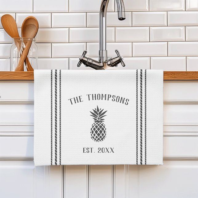 Grey & White Rustic Pineapple Personalized Kitchen Towel (Creator Uploaded)