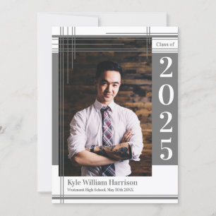 Grey White School Colour Graduation Photo Plaid Invitation