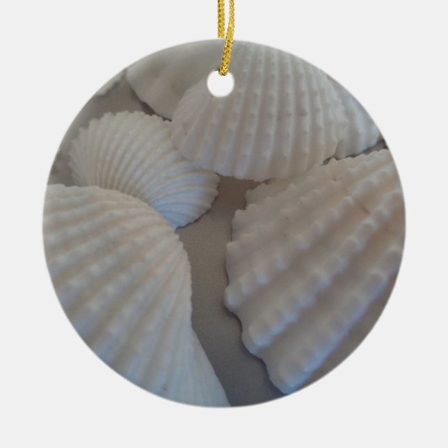 Grey White, Seashells, Sea Shell Summer Beach Love Ceramic Ornament (Front)