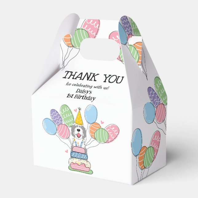 Grey & White Sheepadoodle Birthday Thank You Favor Box (Front Side)