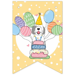 Grey & White Sheepadoodle Dog Birthday Party Bunting Flags