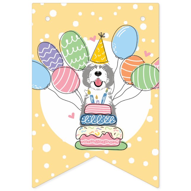 Grey & White Sheepadoodle Dog Birthday Party Bunting Flags (Seventh Flag)