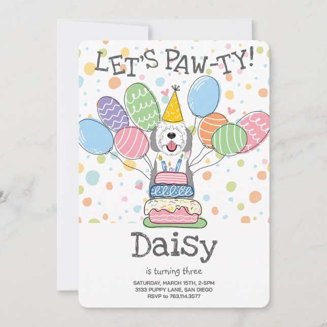 Grey & White Sheepadoodle Dog Birthday Party  Invitation (Front)