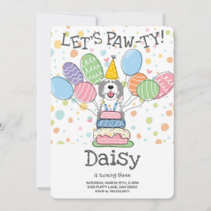 Grey & White Sheepadoodle Dog Birthday Party Invitation
