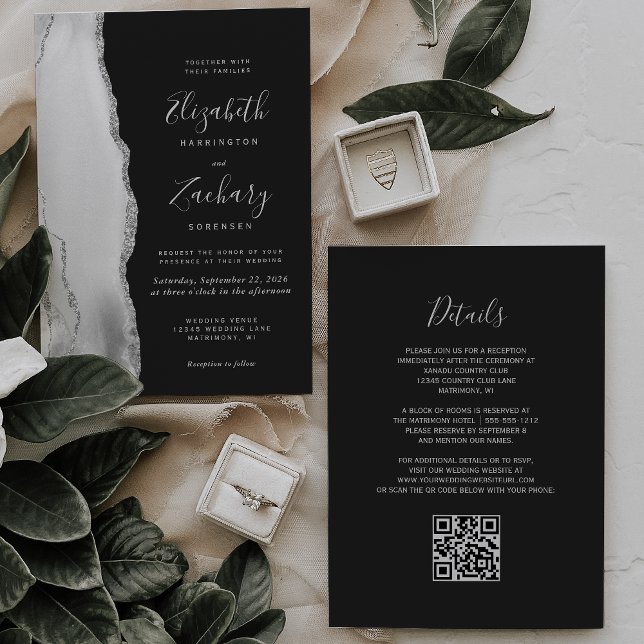 Grey White Silver Agate Slate QR Code Wedding Invitation (Creator Uploaded)
