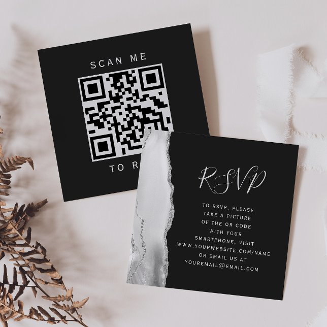 Grey White Silver Agate Slate Wedding QR Code RSVP Enclosure Card (Creator Uploaded)