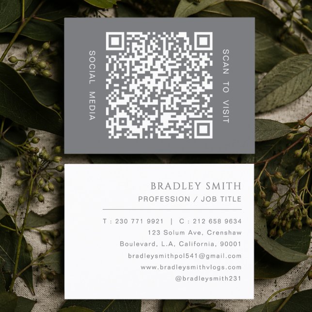 Grey & White Simple Professional Minimal QR Code  Business Card (Creator Uploaded)