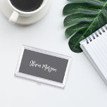 Grey & White Sketched Cursive Script Business Card Holder<br><div class="desc">Elegant business card case features your name,  title,  or choice of personalization in white hand scripted cursive lettering on a dark grey background.</div>