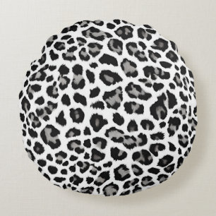 Grey White Snow Leopard Print Round Pillow