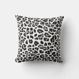 Grey White Snow Leopard Print Throw Pillow