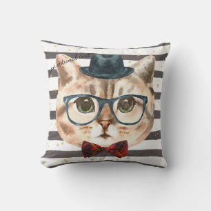 Grey & White Stripe Hipster Cat Head Pillow