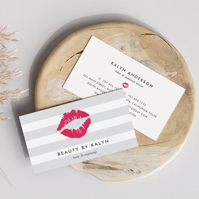 Grey & White Stripe | Pink Lip Print Business Card (Creator Uploaded)