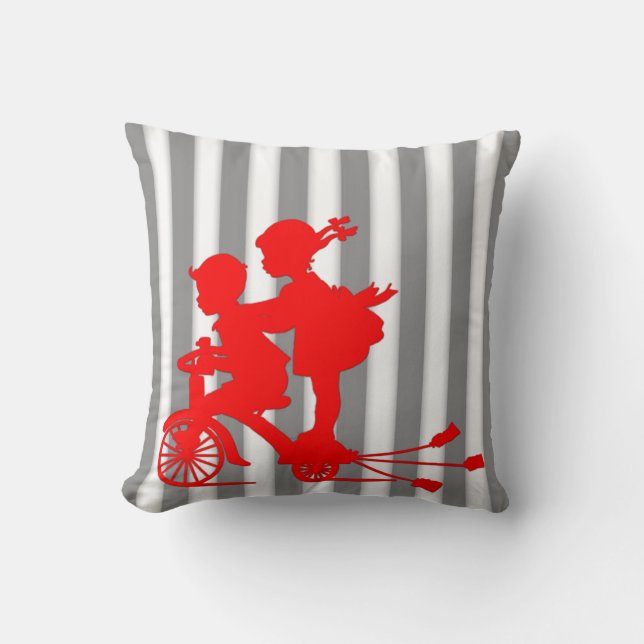 Grey & White Stripe with Kids Riding Tricycle Throw Pillow (Front)