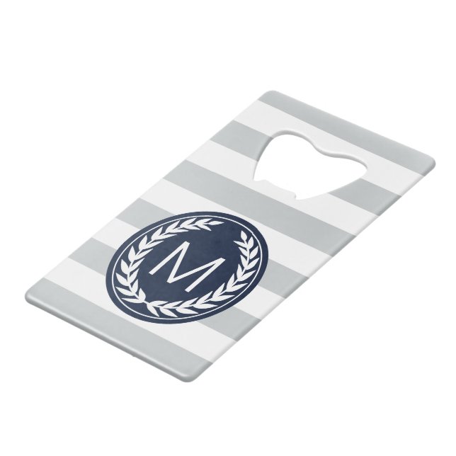 Grey & White Stripe with Laurel Wreath Monogram Wallet Bottle Opener (Front Angled)