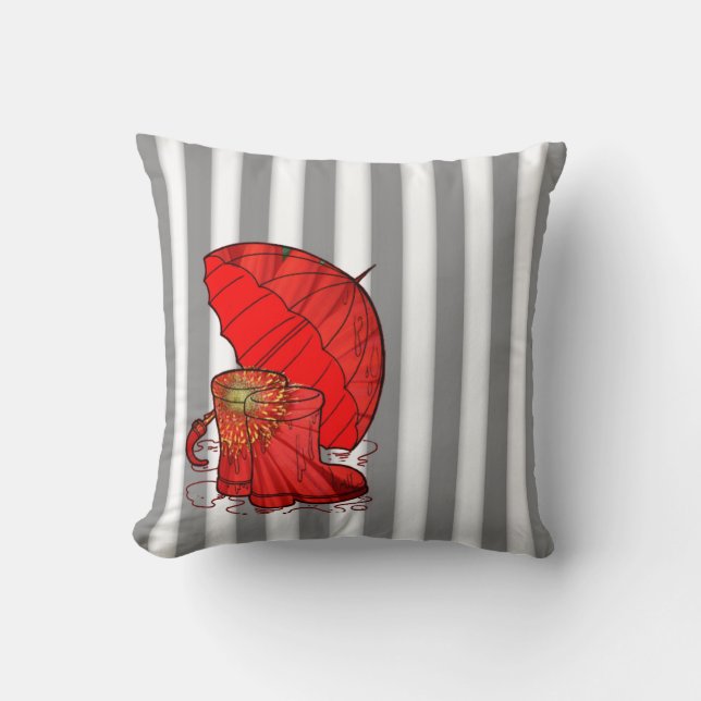Grey  White Stripe with Red Umbrella & Rain Boot Throw Pillow (Front)