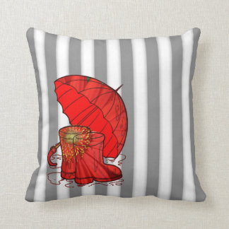 Grey  White Stripe with Red Umbrella & Rain Boot Throw Pillow