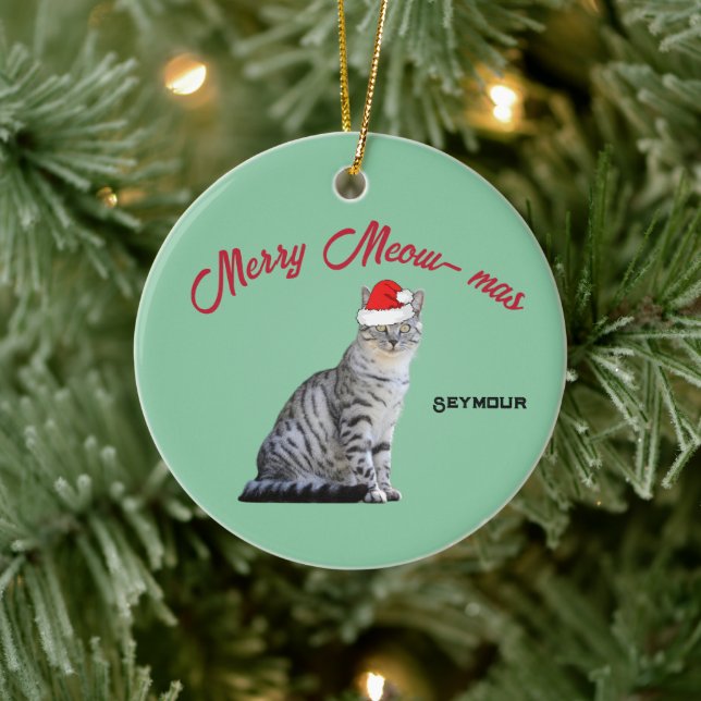 Grey White Striped Cat wearing a Santa Hat    Ceramic Ornament (Tree)