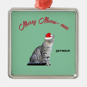 Grey White Striped Cat wearing a Santa Hat    Metal Ornament
