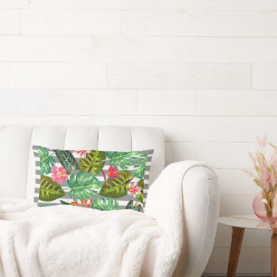 Grey & White Striped Tropical Leaves Throw Pillow