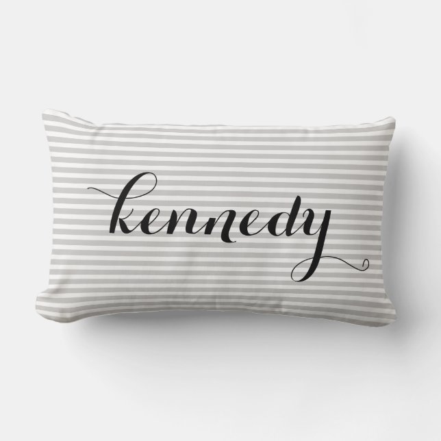 Grey White Stripes Custom Monogram Lumbar Pillow (Front)