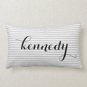 Grey White Stripes Custom Monogram Lumbar Pillow