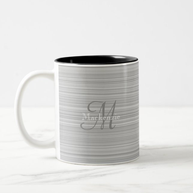 Grey White Stripes Custom Monogram Name Two-Tone Coffee Mug (Left)
