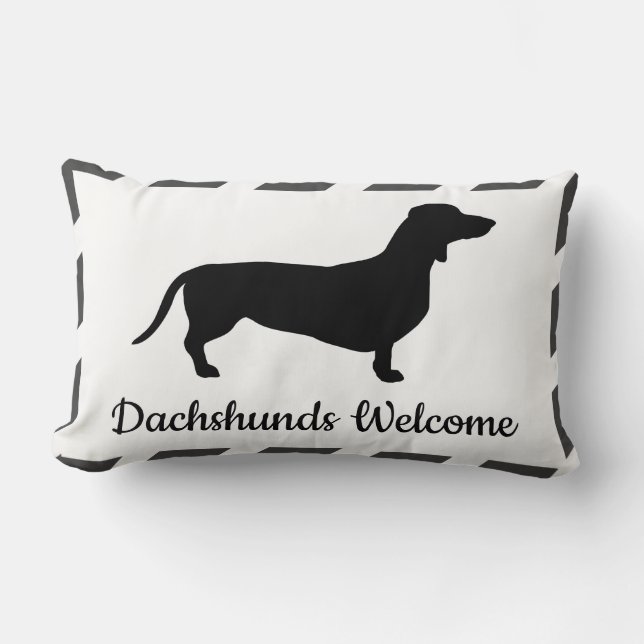 Grey & White Stripes Dachshunds Welcome Lumbar Pillow (Front)
