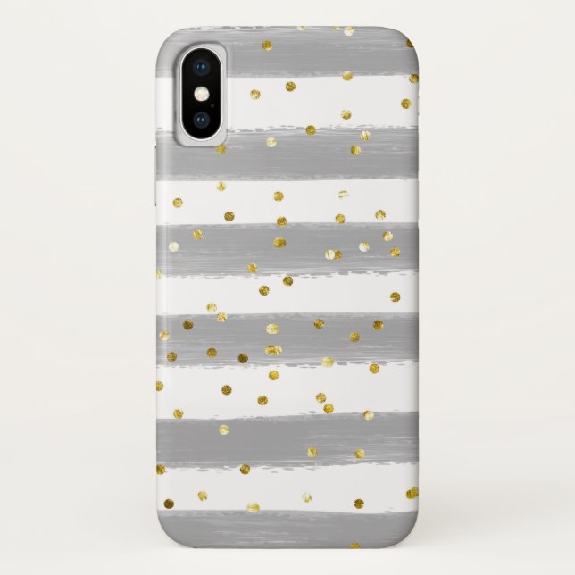 Grey, White Stripes, Gold Confetti Cell Case (Back)