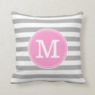 Grey White Stripes Minimal Pastel Pink Monogram Throw Pillow