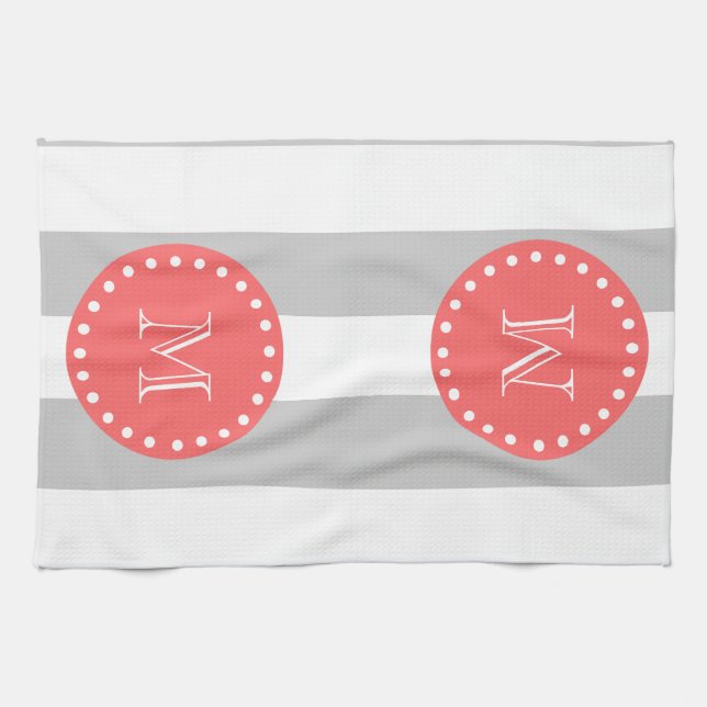 Grey White Stripes Pattern, Coral Monogram Kitchen Towel (Horizontal)