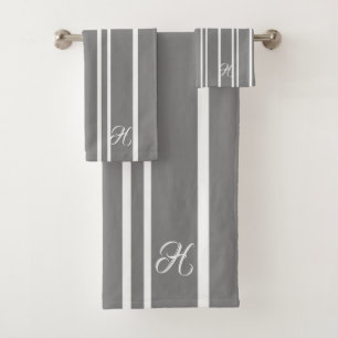Grey & White Stripes Pattern Monogram Bath Towel Set