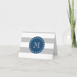 Grey White Stripes Pattern, Navy Blue Monogram Note Card