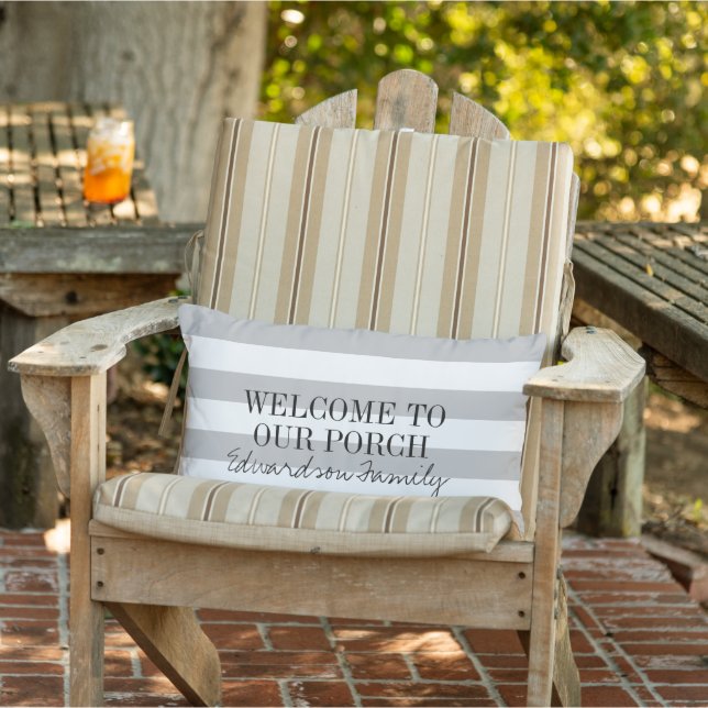 Grey white stripes welcome porch family name lumbar pillow (Chair)