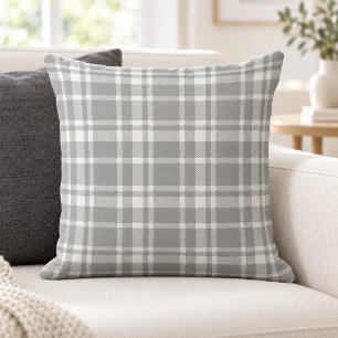 Grey White Tartan Plaid Pattern Throw Pillow