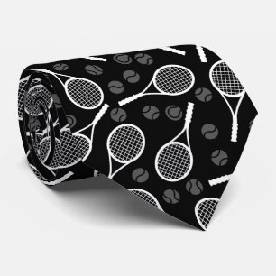 Grey & White Tennis Dad Ball Racket Pattern Black Tie