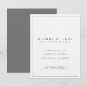 Grey white text postponed change of wedding plan invitation