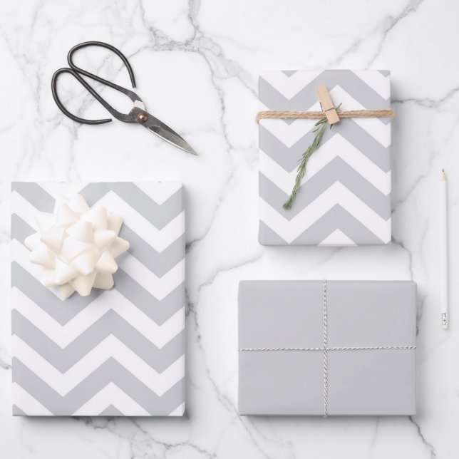 Grey & White Thick Chevron Wedding Birthday V1 Wrapping Paper Sheet (Front)