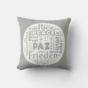 Grey/white throw cushion/peace in multi-languages throw pillow
