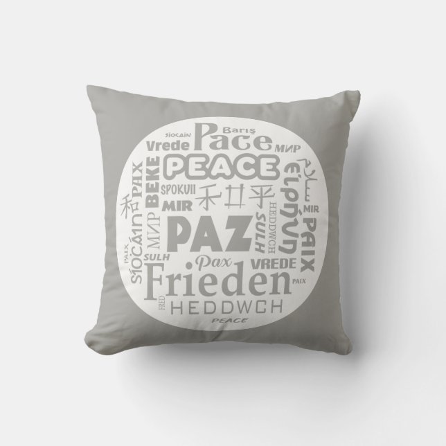 Grey/white throw cushion/peace in multi-languages throw pillow (Front)
