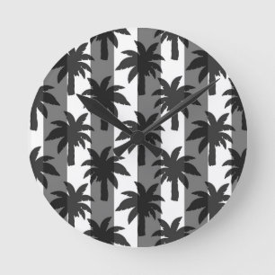 Grey White Tropical Palm Trees Stripes Design  Round Clock